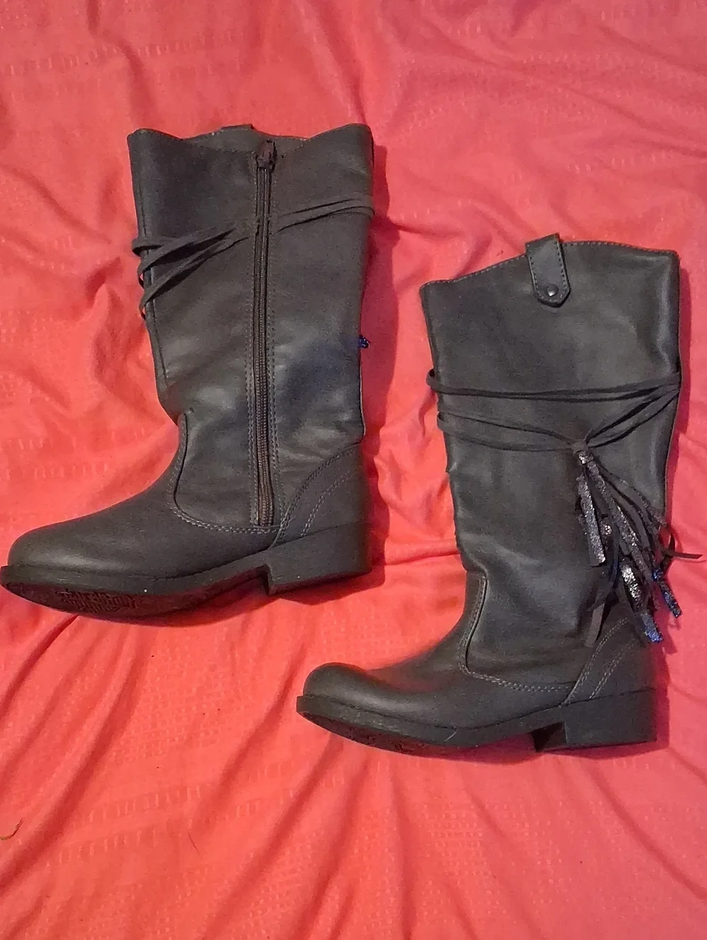 Kids Black Mid-Calf Boots with Tassel Wrap